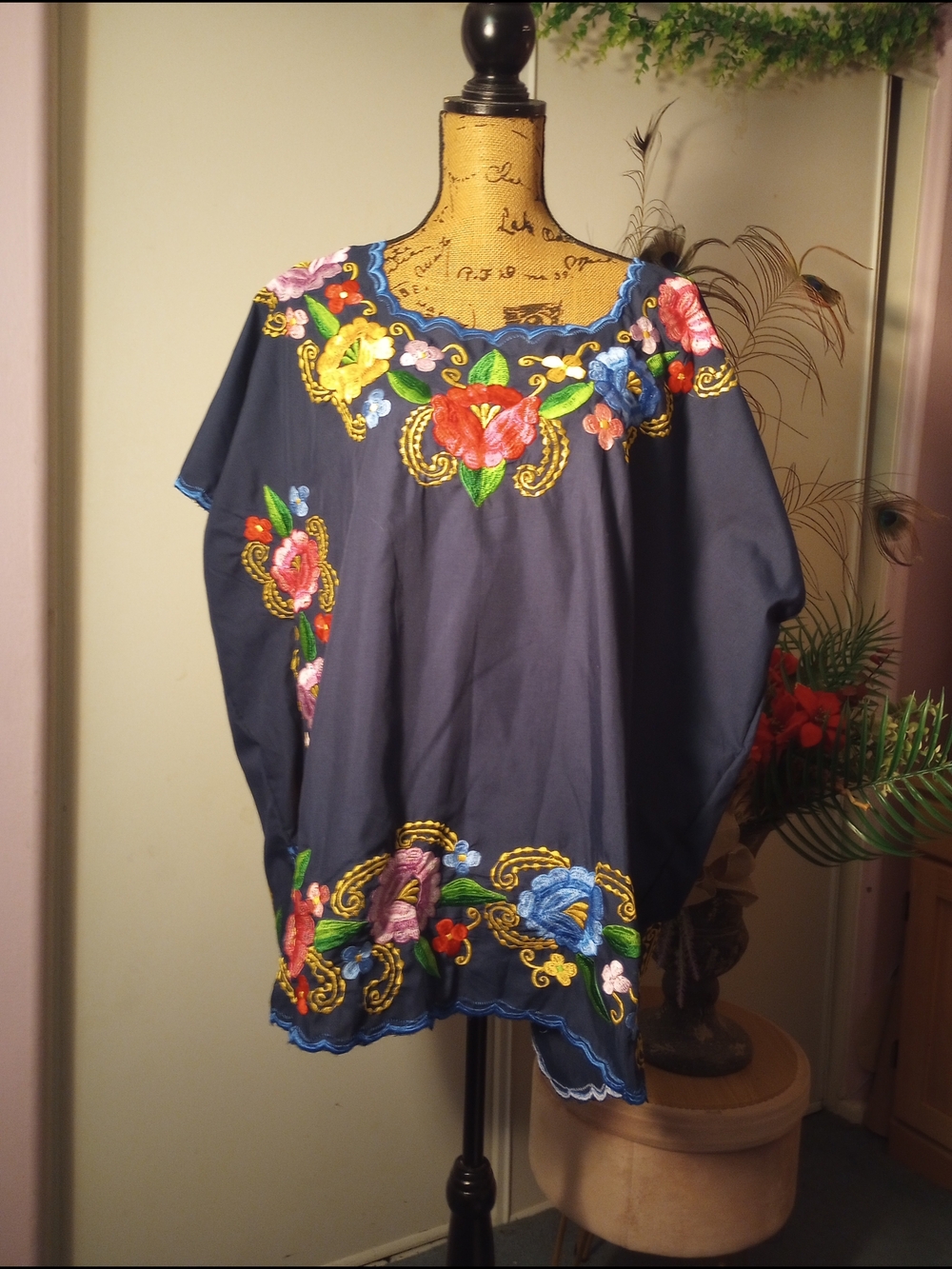 Embroidered Navy Blue Floral Mexican Top - Women